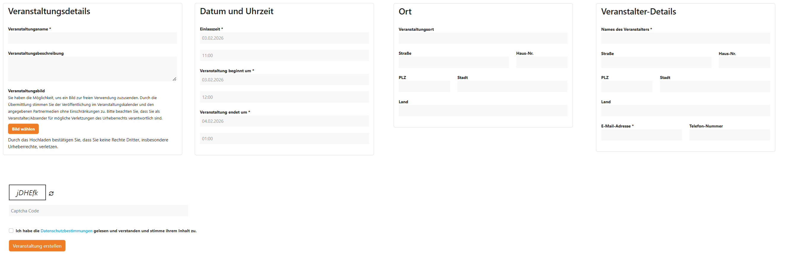 Vorschau Formular zur Event-Erfassung durch externe Veranstalter